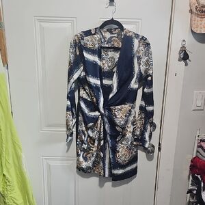 Fashion Nova Navy, White & Gold Paisley Wrap Dress